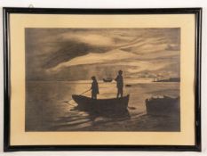 Unbekannt - Fischer und Boote am Strand, Lithographie, unsigniert, verso mit Widmung (datiert 1933),