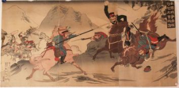 Senso-e: Kampfszene aus dem Russisch-Japanischem Krieg (1904-1905) - japanischer Holzschnitt/