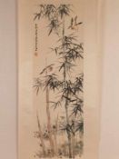 Chinesisches Rollbild - Tusche und leichte Farben auf Papier, Vogelpaar mit Bambus, oben links in