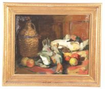 Stilllebenmaler des 20. Jahrhunderts - Stillleben mit Geflügel und Äpfeln, Öl auf Platte, unten