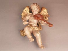 Holzfigur musizierender Engel - 19.Jh, Holz, geschnitzt, polychrom und gold gefasst,