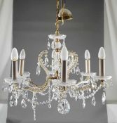 Deckenlampe - Messing/Kristallglas, Balusterschaft mit Schalenabschluss, 6 gebogte Leuchterarme,