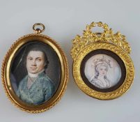 Porträt-Miniaturen - farbige Malereien auf Elfenbein, rundes Damen- und ovales Herrenporträt, 19.