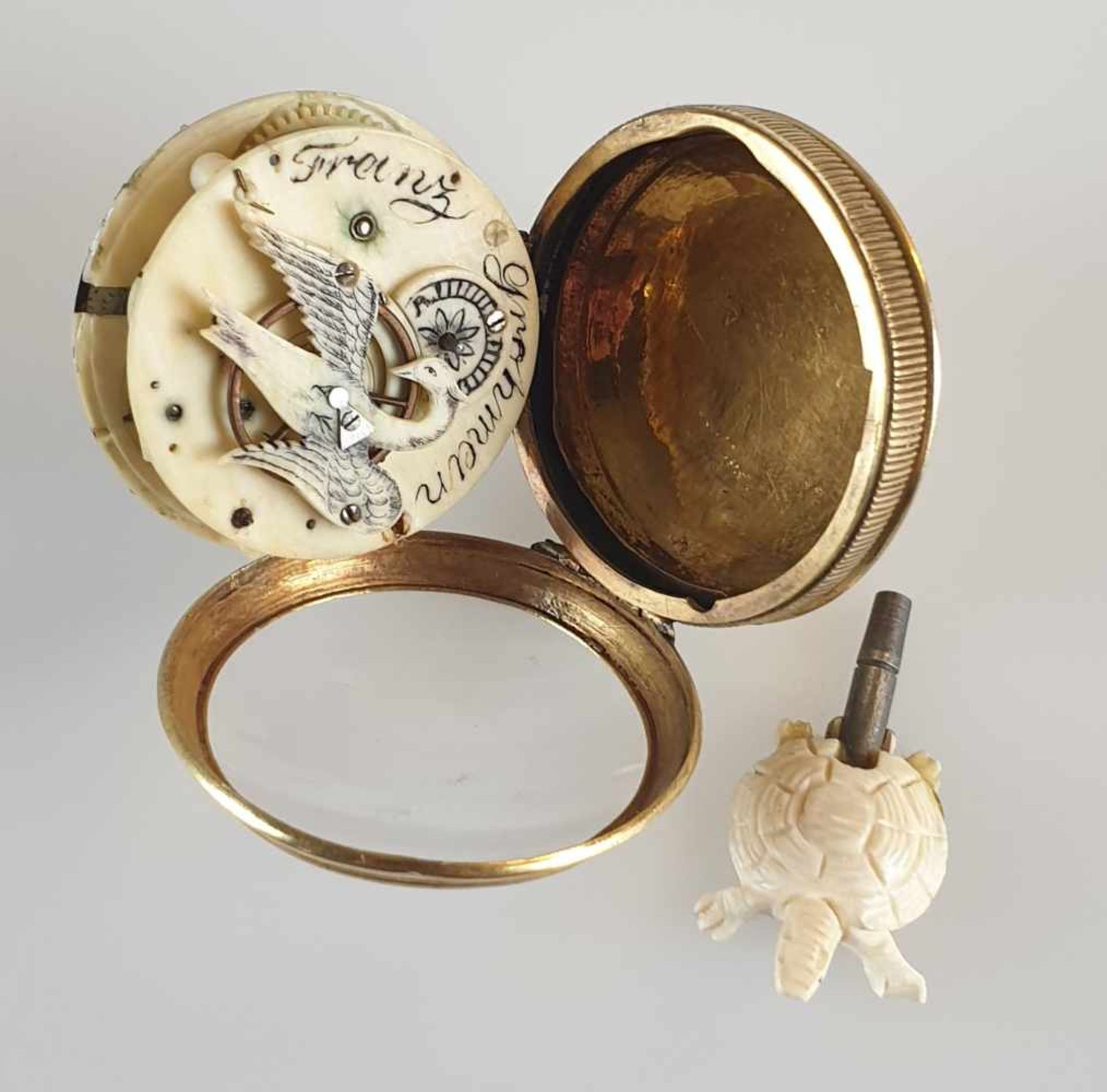Sehr seltene Spindeltaschenuhr mit Elfenbeinwerk - Uhrmachermeister Franz Grohmann, 1810-20,