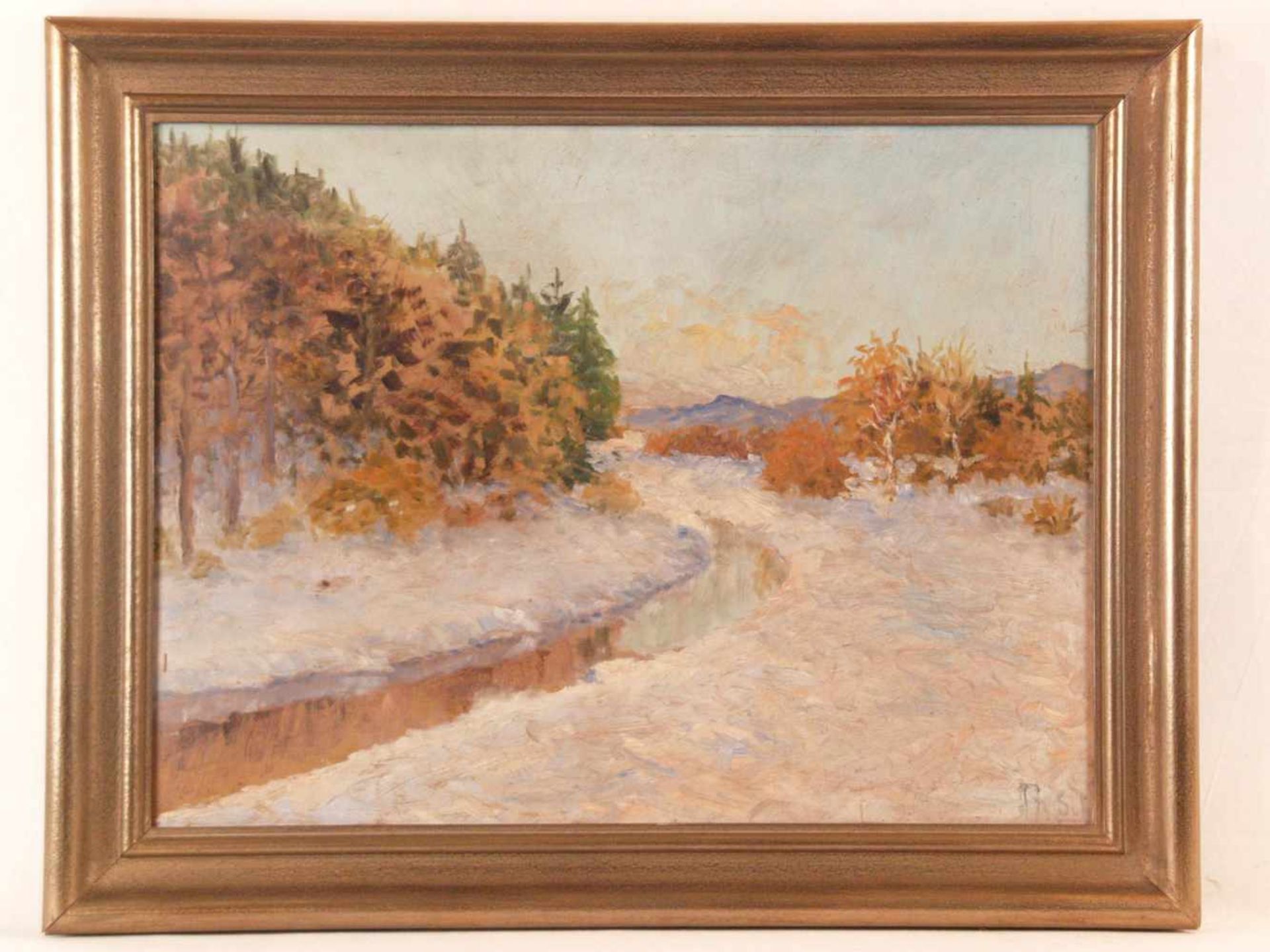 Landschaftsmaler (20.Jh.) - Beschneite Flusslandschaft mit herbstlichen Bäumen, Öl auf Pappe,