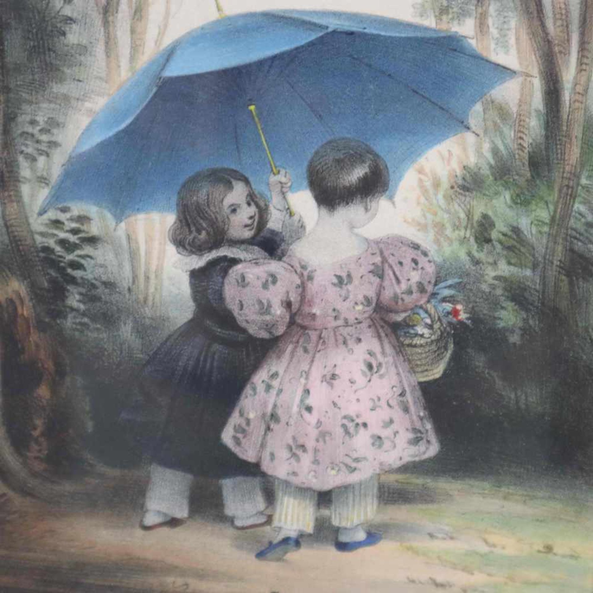 Unbekannter Künstler (19.Jh.) - "Kinder unter Schirm", Lithographie, altkoloriert, um 1830, unten - Bild 2 aus 4