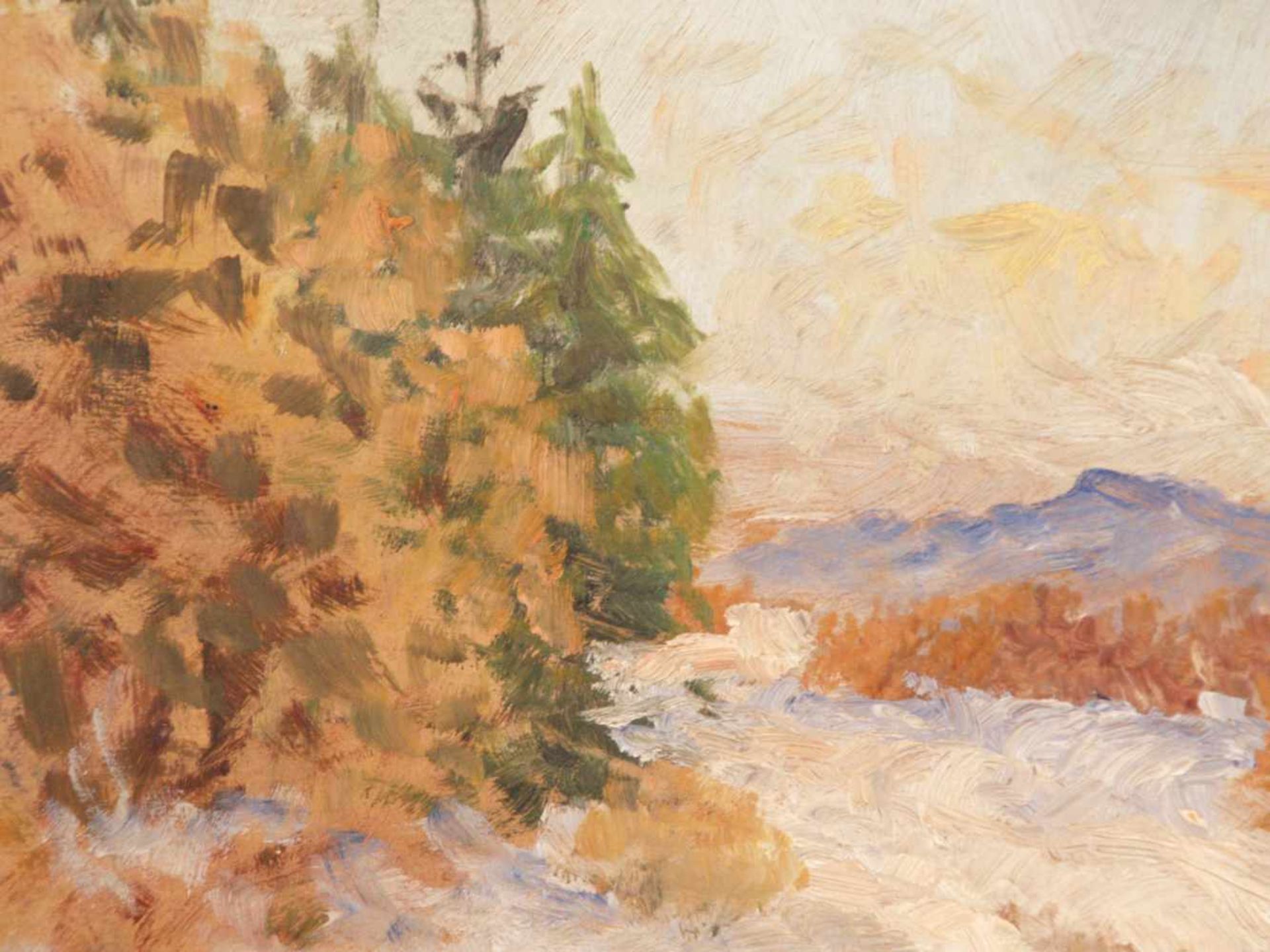 Landschaftsmaler (20.Jh.) - Beschneite Flusslandschaft mit herbstlichen Bäumen, Öl auf Pappe, - Bild 4 aus 7
