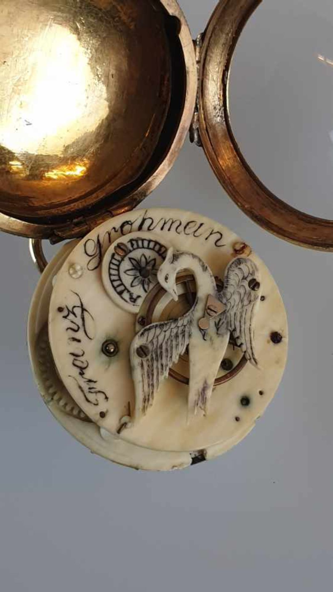 Sehr seltene Spindeltaschenuhr mit Elfenbeinwerk - Uhrmachermeister Franz Grohmann, 1810-20, - Bild 7 aus 8