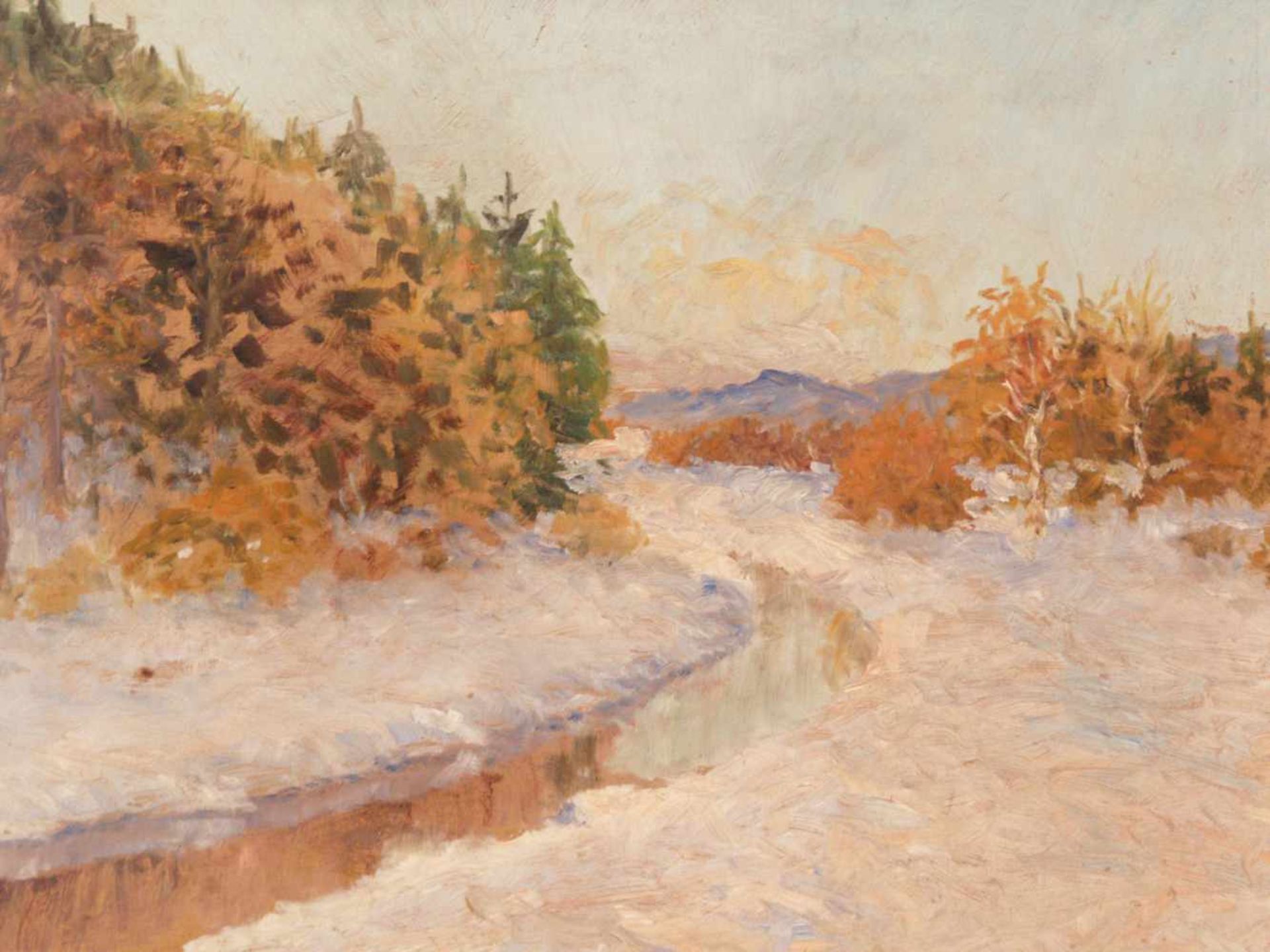 Landschaftsmaler (20.Jh.) - Beschneite Flusslandschaft mit herbstlichen Bäumen, Öl auf Pappe, - Bild 2 aus 7