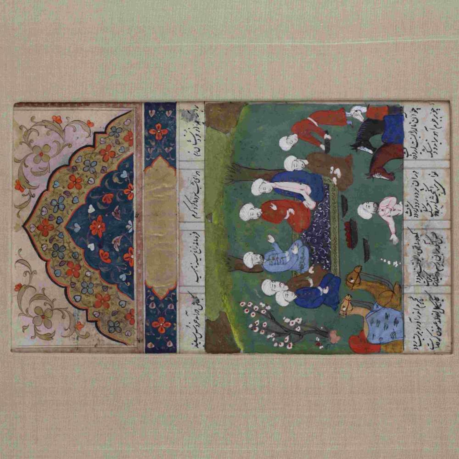 Buchmalerei - wohl persisch, feine polychrome Miniaturmalerei auf Papier, gemalte Buchseite mit