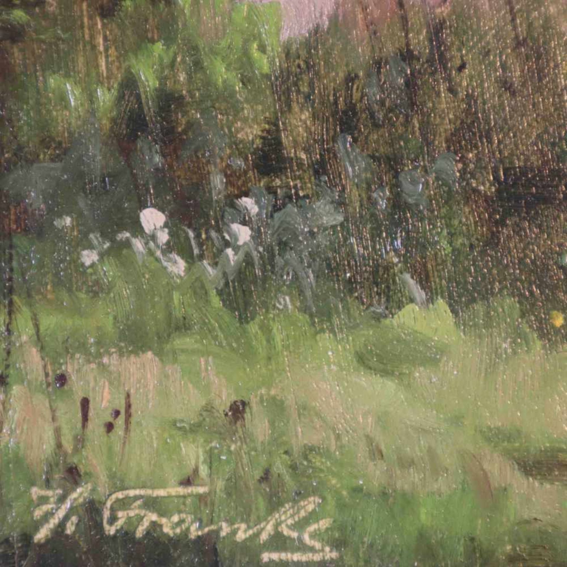 Franke, Hanni (1890-1973) - Sommerliche Wiese, Öl auf Faserplatte, unten links signiert "H. - Bild 3 aus 5