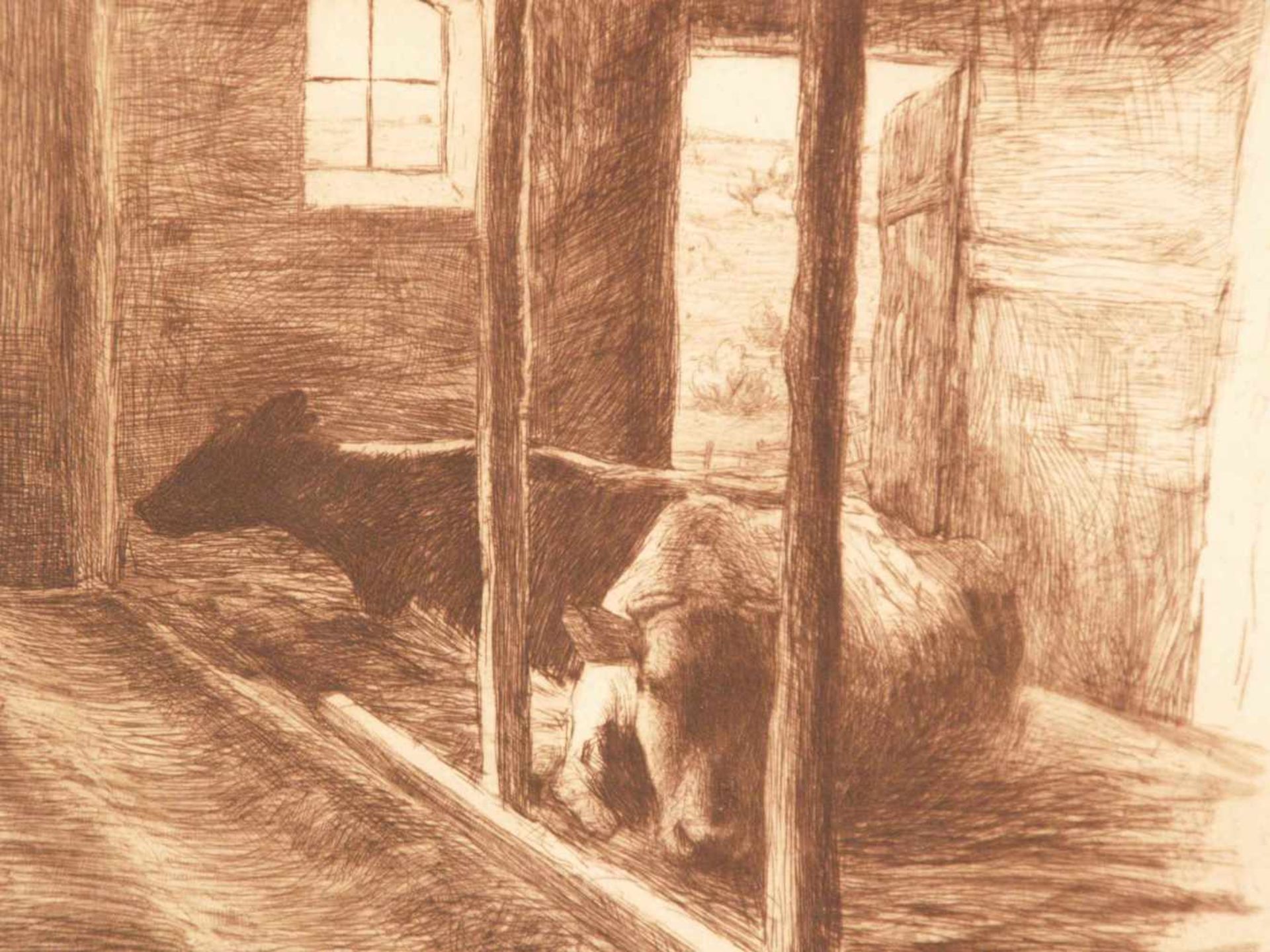 Eickmann, Heinrich (1870 Nienhausen bei Lübeck-1911 Berlin) - "Im Kuhstall", Originalradierung, - Bild 3 aus 5