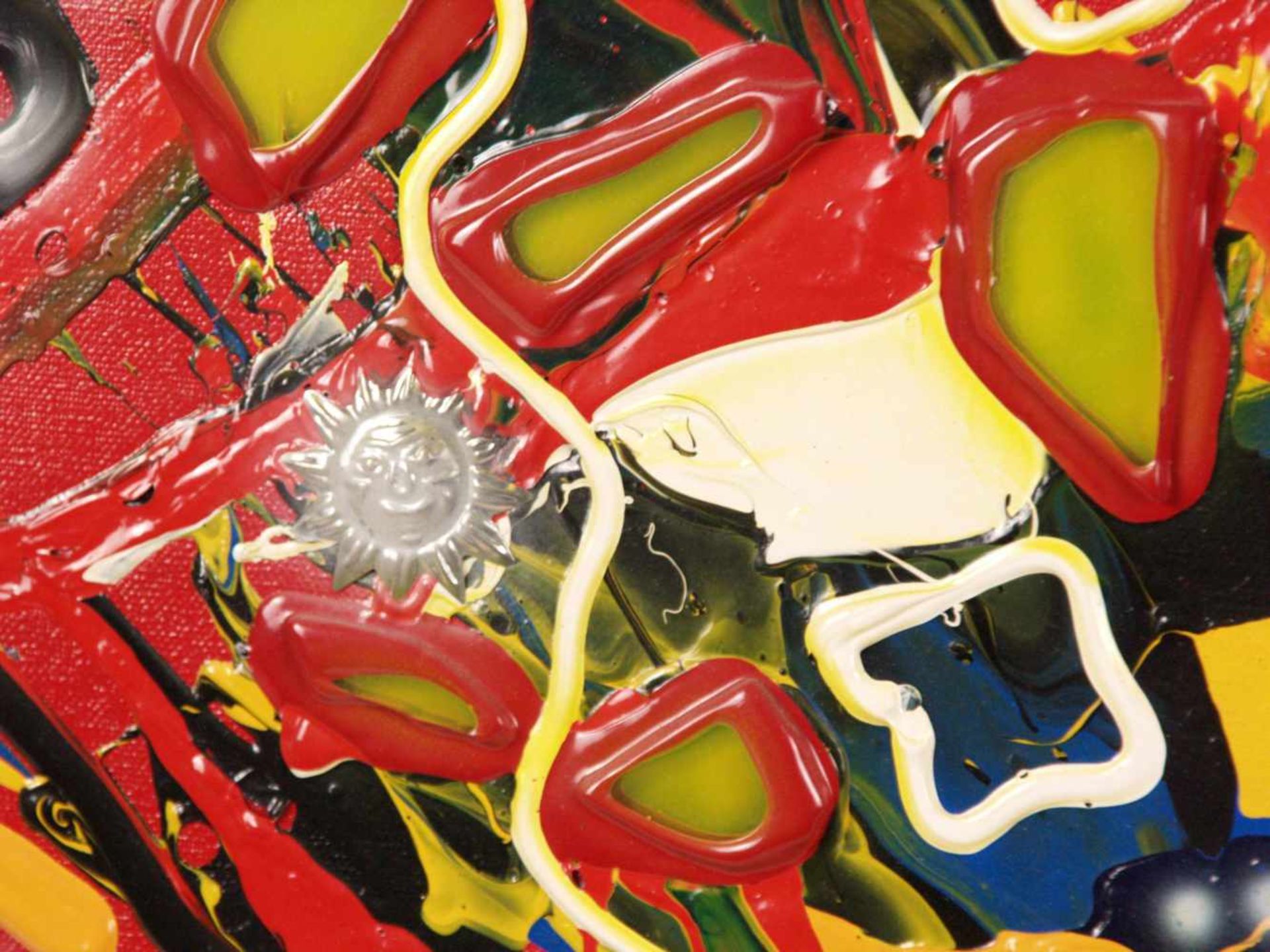 Micmac (Bea Schröder, zeitgenössische Künstlerin in Düsseldorf) - Abstraktion auf rotem Hintergrund, - Bild 3 aus 5