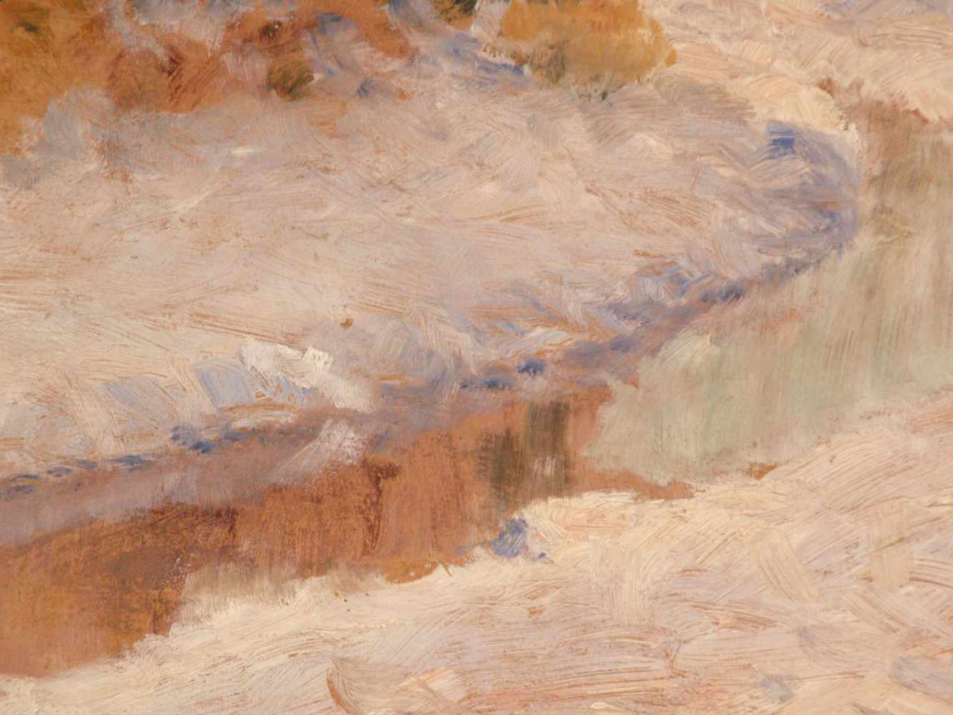 Landschaftsmaler (20.Jh.) - Beschneite Flusslandschaft mit herbstlichen Bäumen, Öl auf Pappe, - Bild 5 aus 7