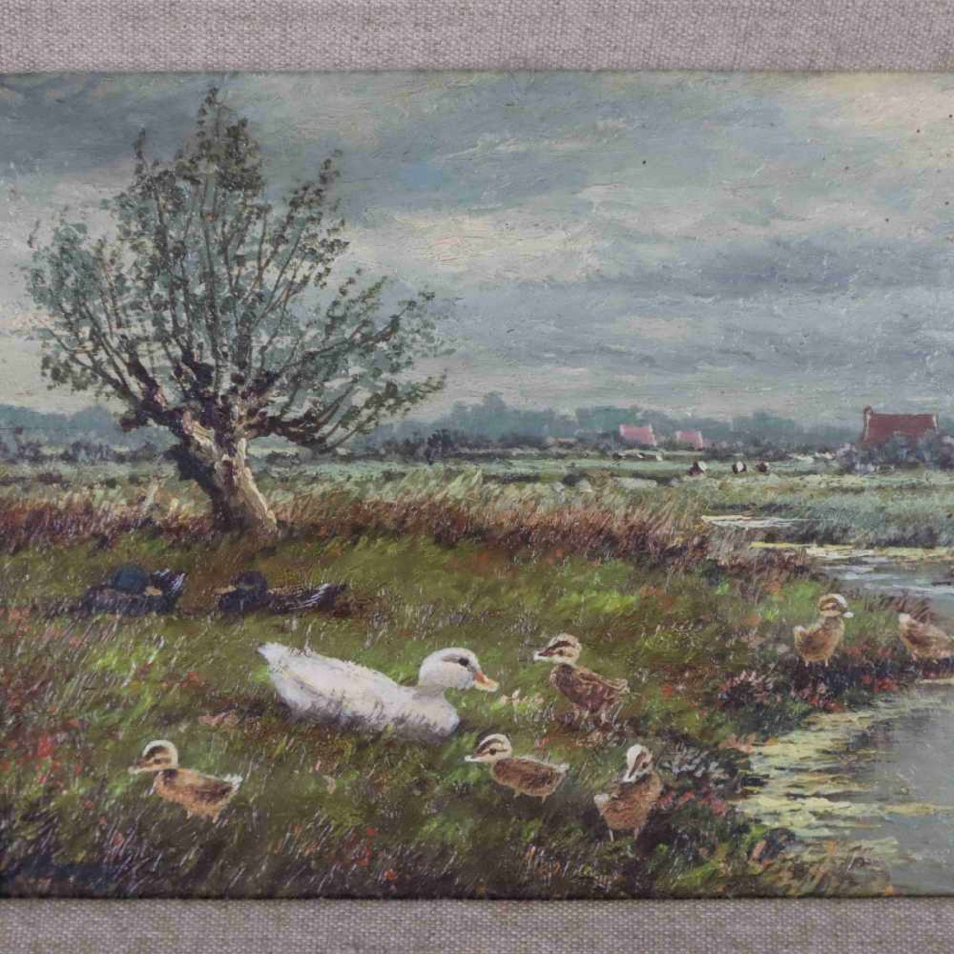 Moody, J. (20.Jh.) - Holländische Teichlandschaft mit Entenfamilie, Öl auf Holz, rückseitig sign. - Bild 3 aus 5