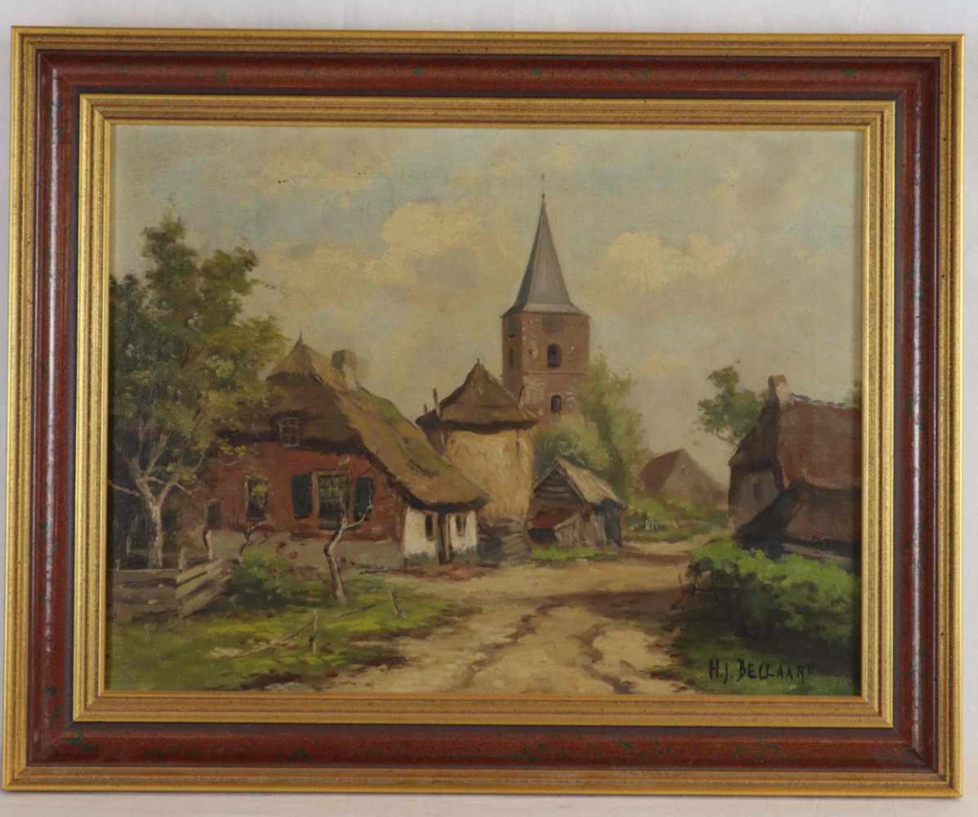 Bellaard, Henk (1896 Dordrecht - 1975 Gouda) - Dorfeingang mit reetgedeckten Häuschen und Kirchturm,