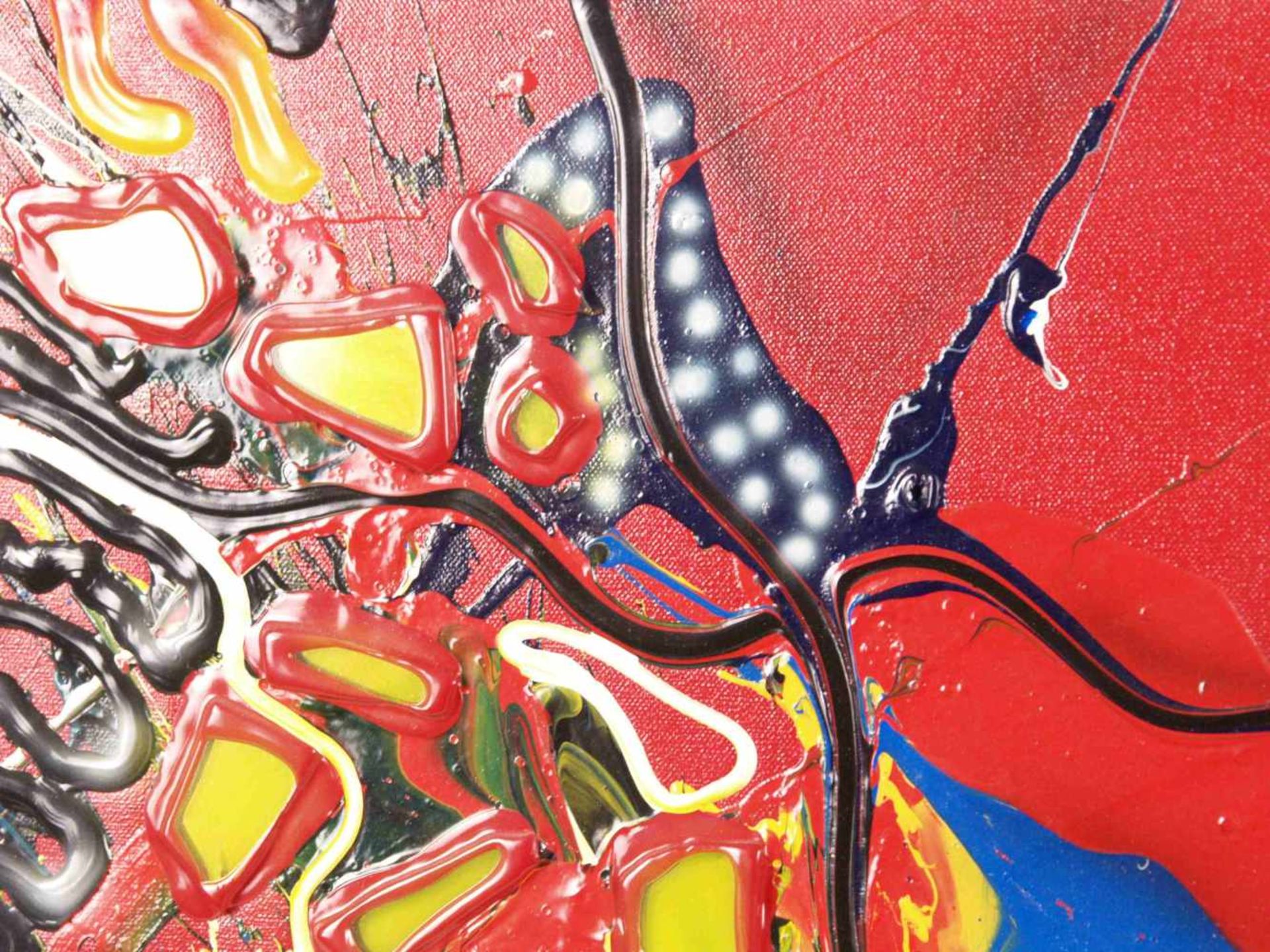 Micmac (Bea Schröder, zeitgenössische Künstlerin in Düsseldorf) - Abstraktion auf rotem Hintergrund, - Bild 2 aus 5