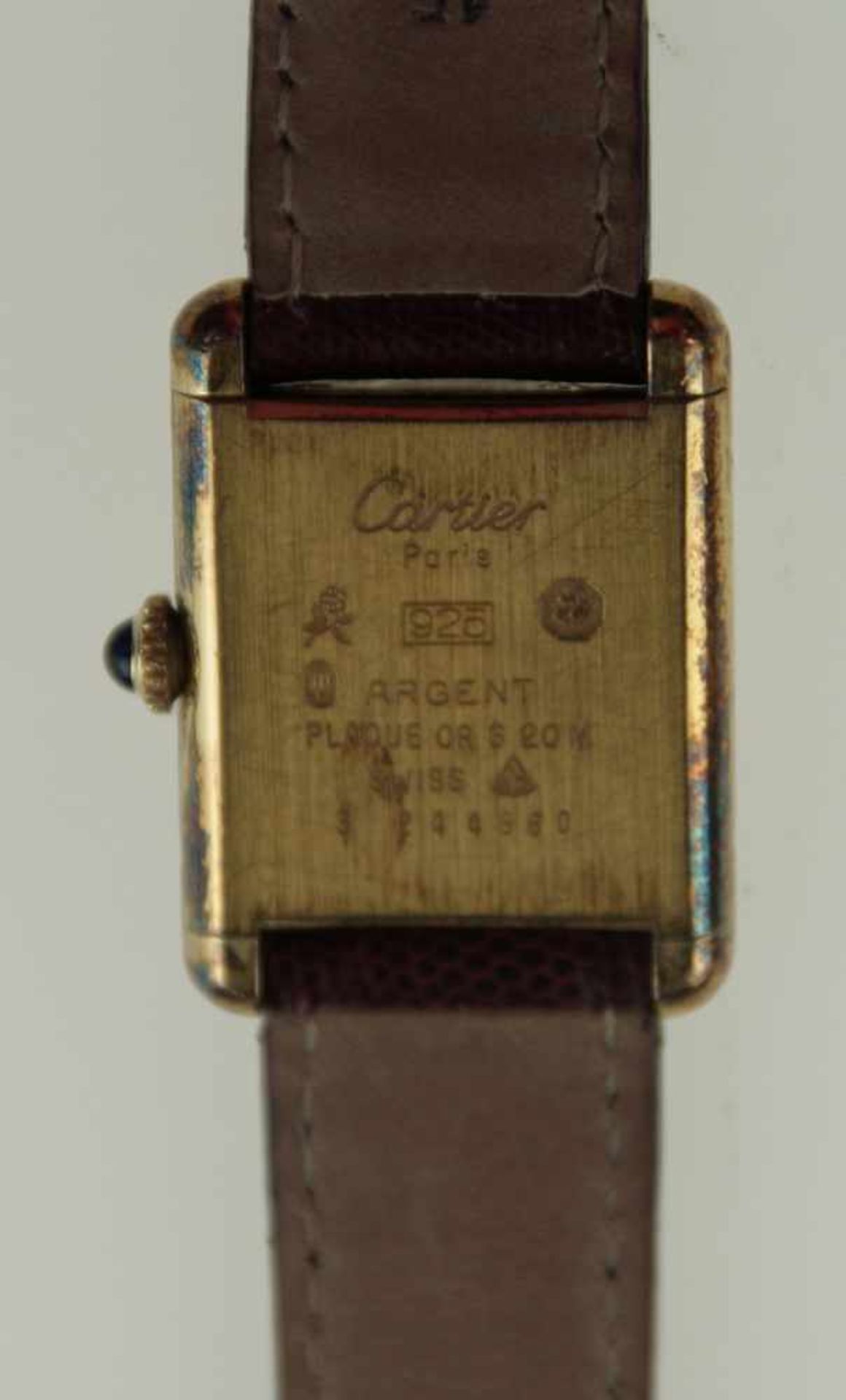Damenarmbanduhr - Must de Cartier, 925-Silber vergoldet,rechteckiges schwarzes Zifferblatt, - Bild 5 aus 5