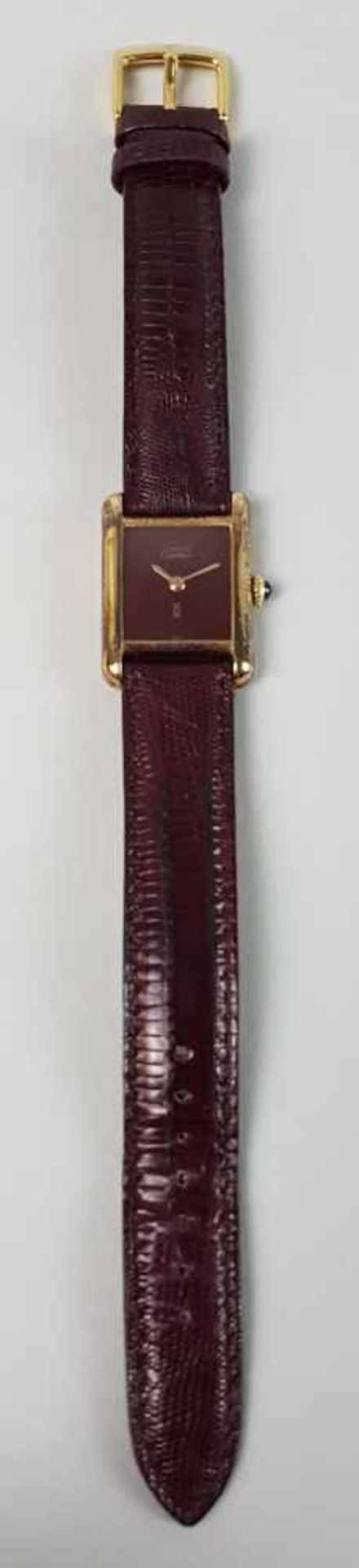 Damenarmbanduhr - Must de Cartier, 925-Silber vergoldet,rechteckiges schwarzes Zifferblatt,