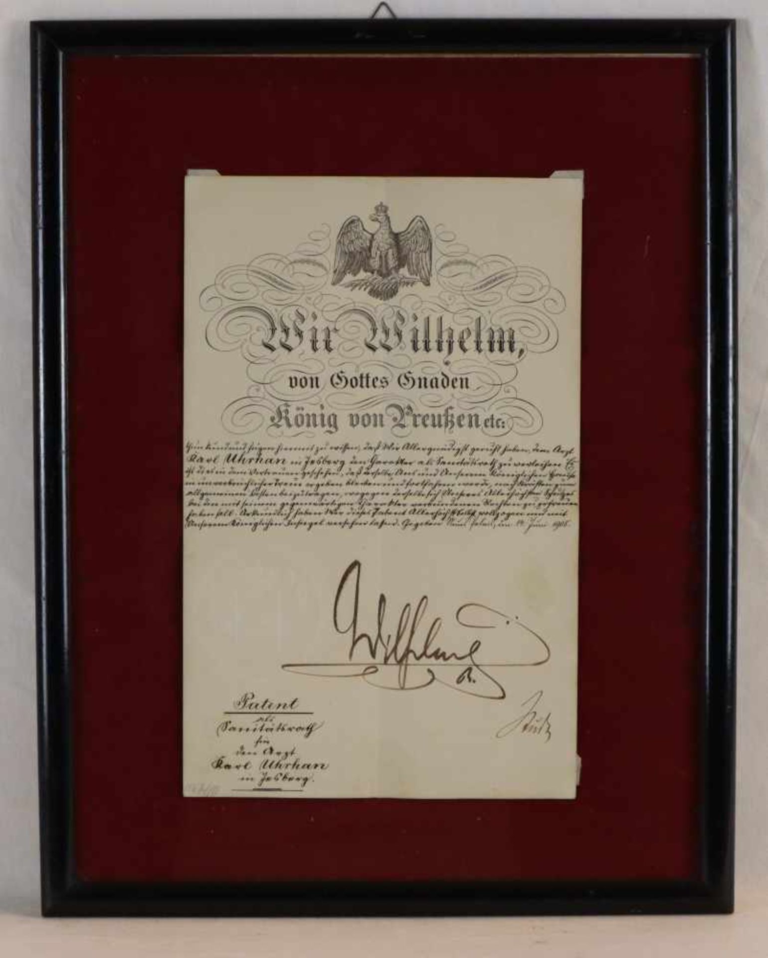 Patent Kaiser Wilhelm II.(1859-1941) - Patent als Sanitätsrat für den Arzt Karl Uhrhan in Jesberg,