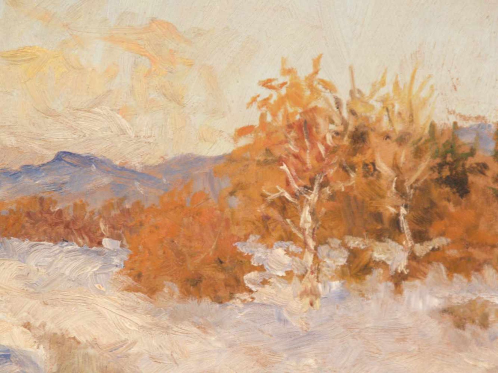 Landschaftsmaler (20.Jh.) - Beschneite Flusslandschaft mit herbstlichen Bäumen, Öl auf Pappe, - Bild 3 aus 7