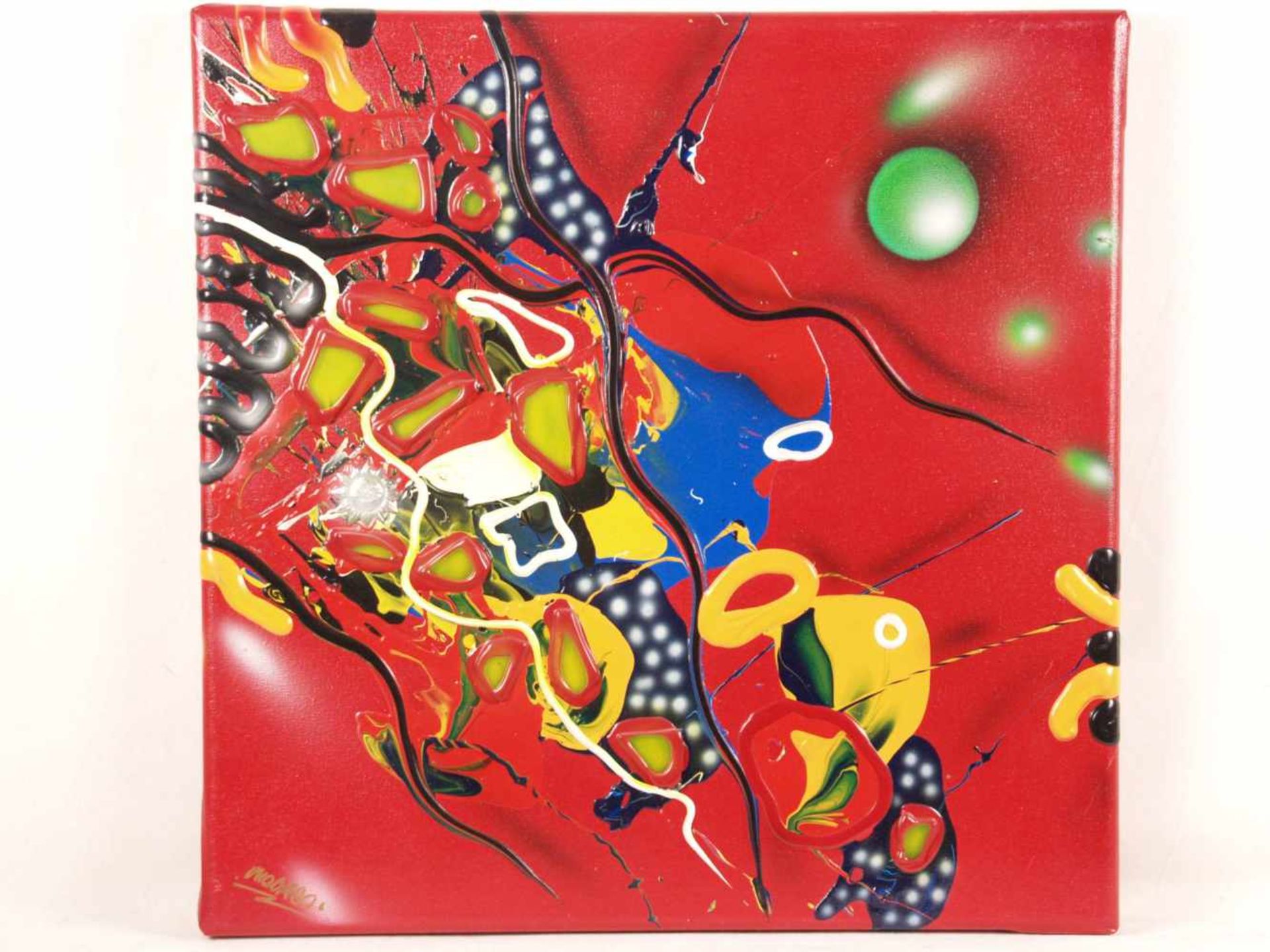 Micmac (Bea Schröder, zeitgenössische Künstlerin in Düsseldorf) - Abstraktion auf rotem Hintergrund,
