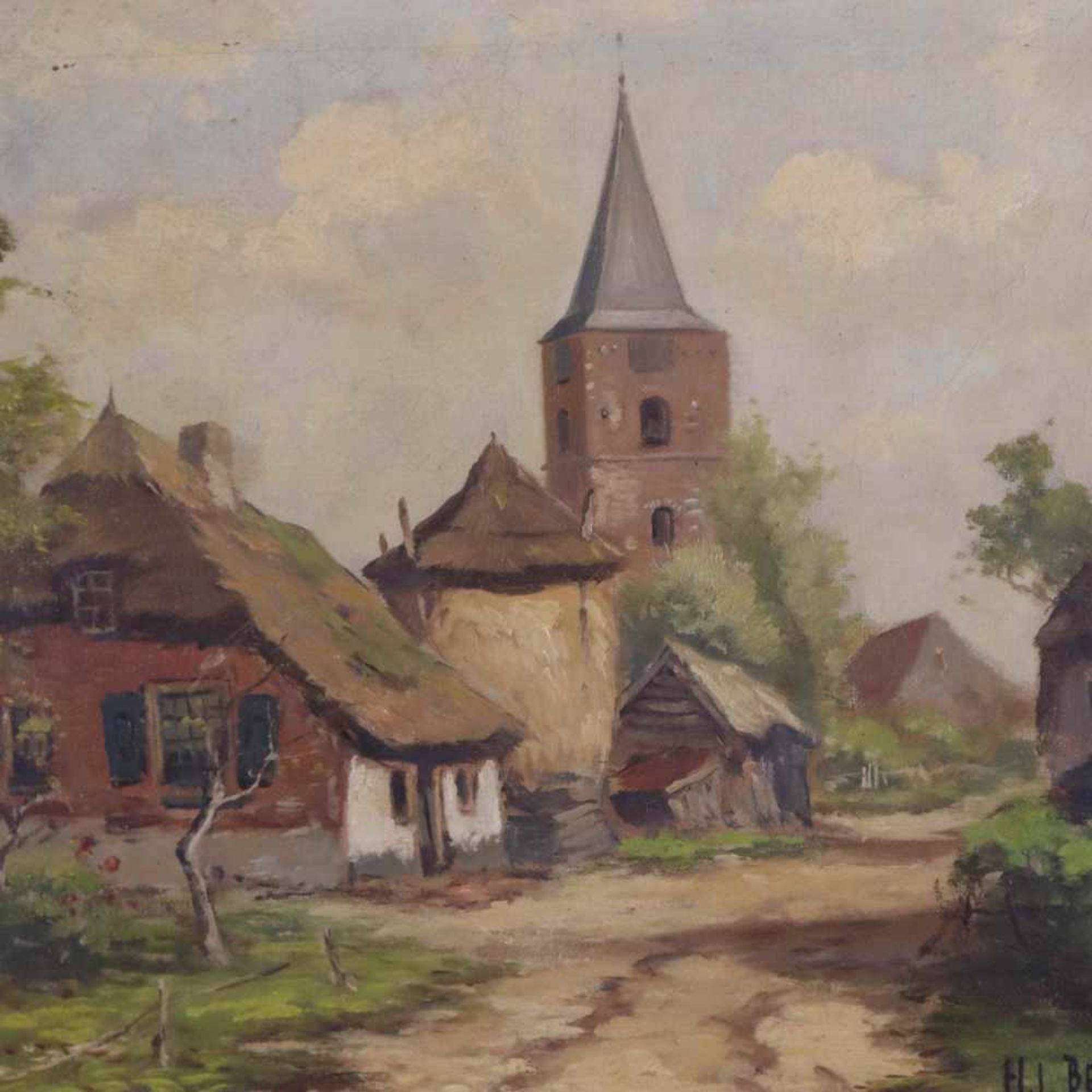 Bellaard, Henk (1896 Dordrecht - 1975 Gouda) - Dorfeingang mit reetgedeckten Häuschen und Kirchturm, - Bild 2 aus 7