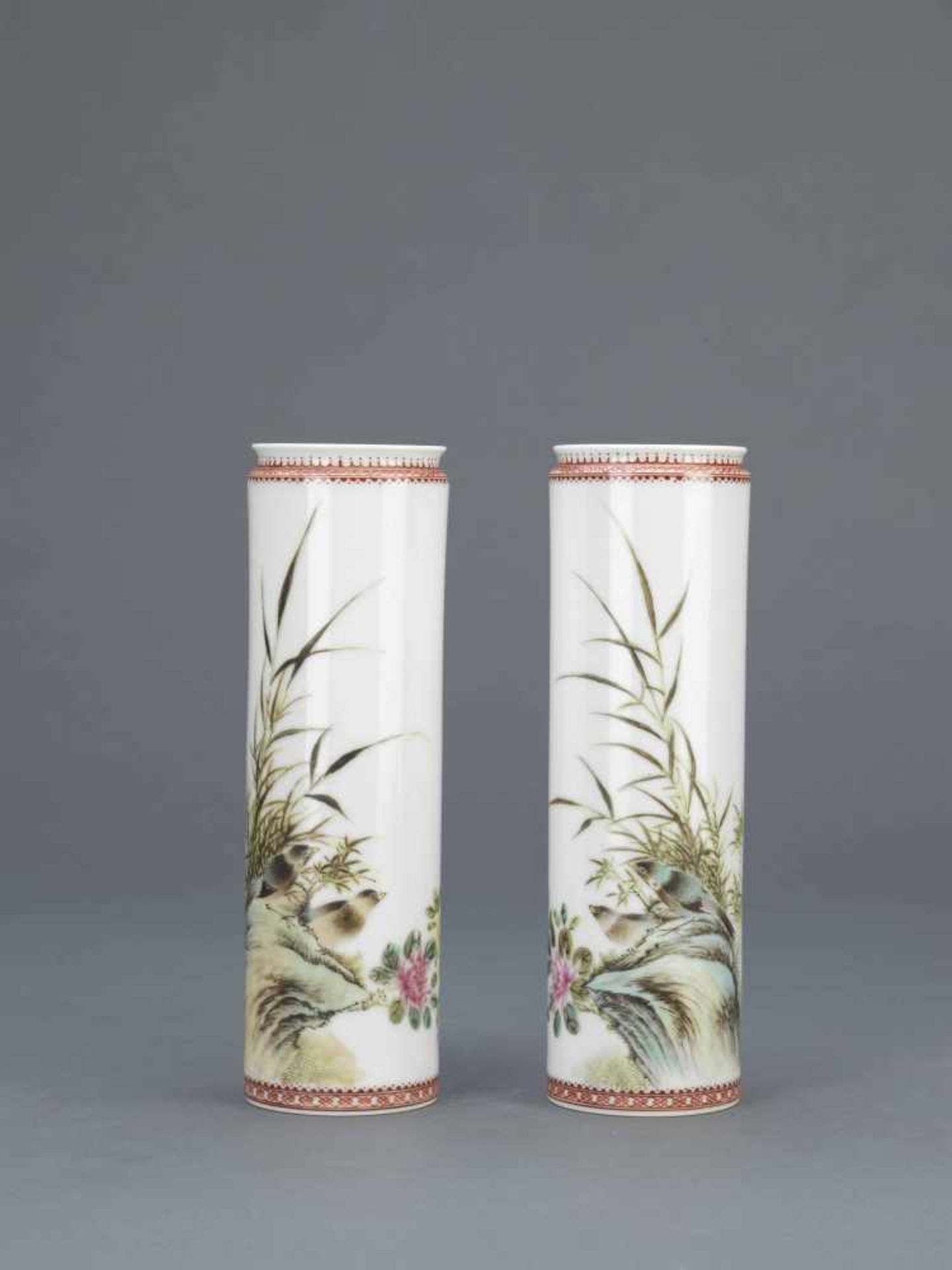 A PAIR OF FAMILLE-ROSE 'FLOWER AND BIRDS' VASE BY SHIYUCHU,REPUBLIC PERIOD."Famille-rose"