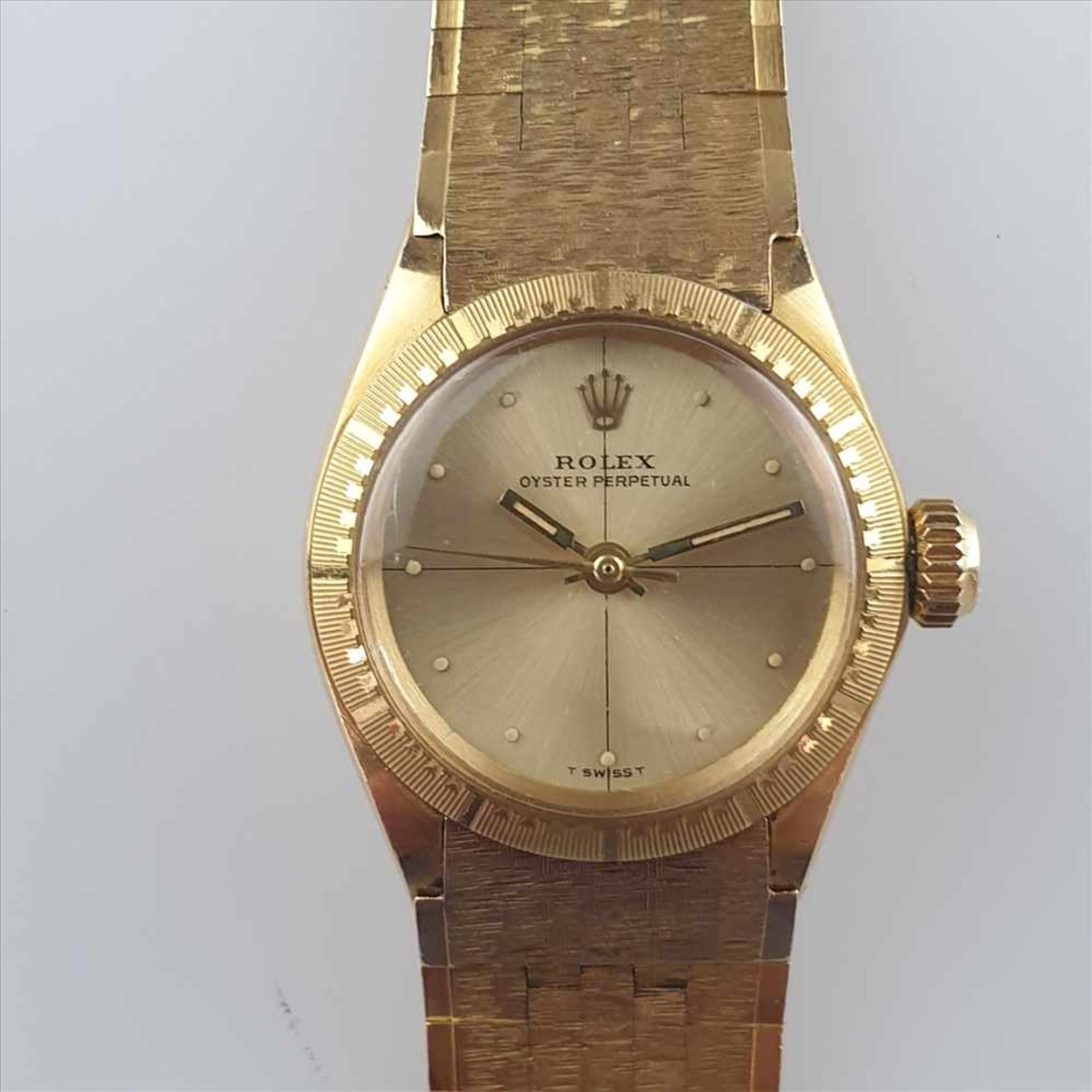 Damenarmbanduhr - Rolex, Oyster Perpetual, Handaufzug, Gehäuse mit Band Gelbgold 14Kt, Verschluss