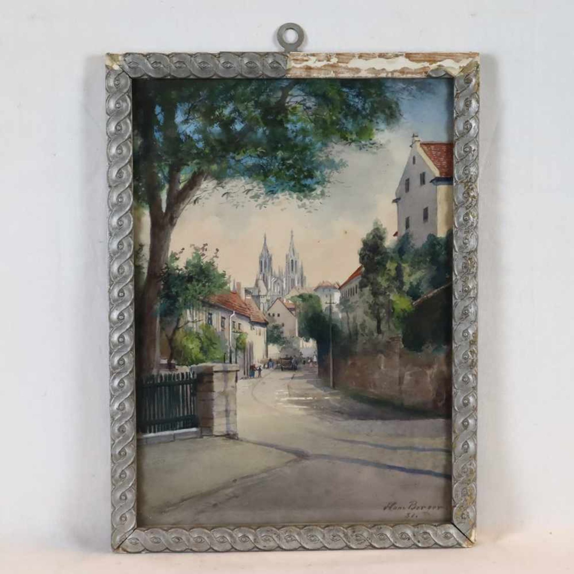 Berger, Hans - Dorfstraße mit Blick auf die Kathedrale, Aquarell auf Papier, u. re. sign., u. dat „