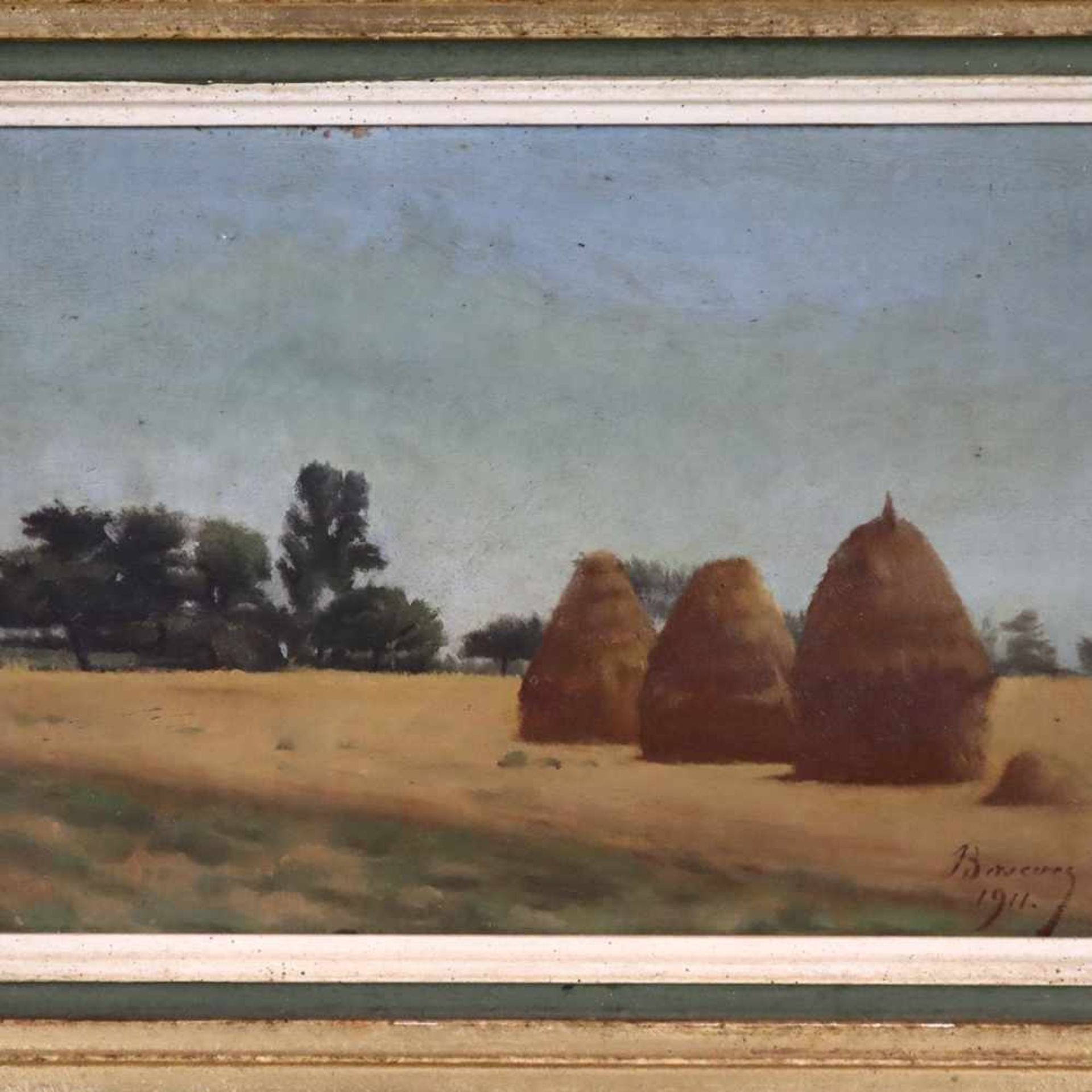 Unbekannter Künstler - Heuernte, Öl auf Holzplatte, u. re. undeutl. sign. "B..." u. dat. „1911“, ca. - Bild 2 aus 6