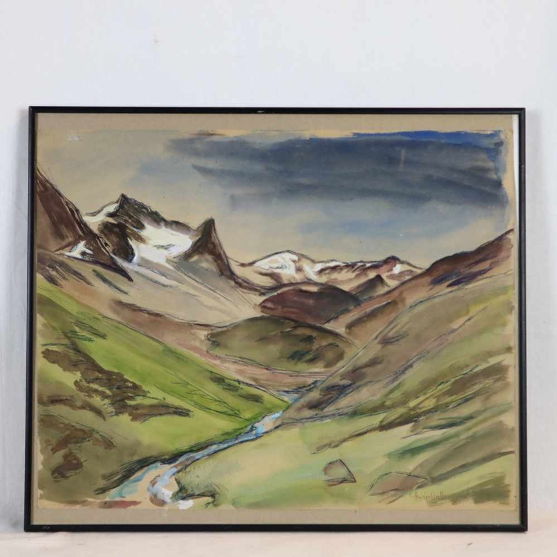 Aufdenblatten, Emil (1910 Zermatt - 1959 Freienbach) - Berglandschaft mit kleinem Flußlauf, Aquarell