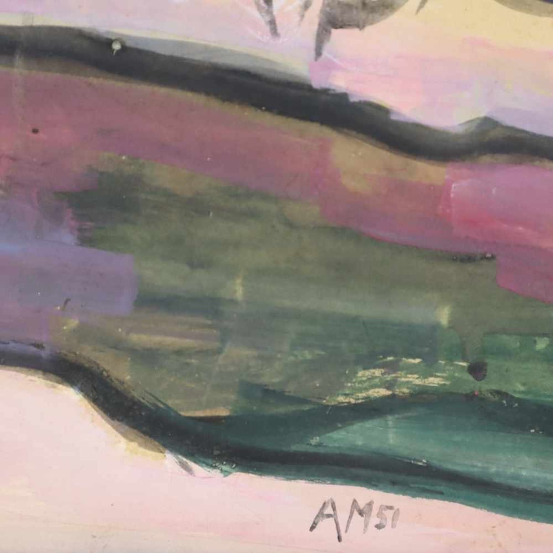 Monogrammist AM (20.JH.) - Beschneite Flusslandschaft bei Sonnenuntergang, 1951, Aquarell auf - Bild 4 aus 4