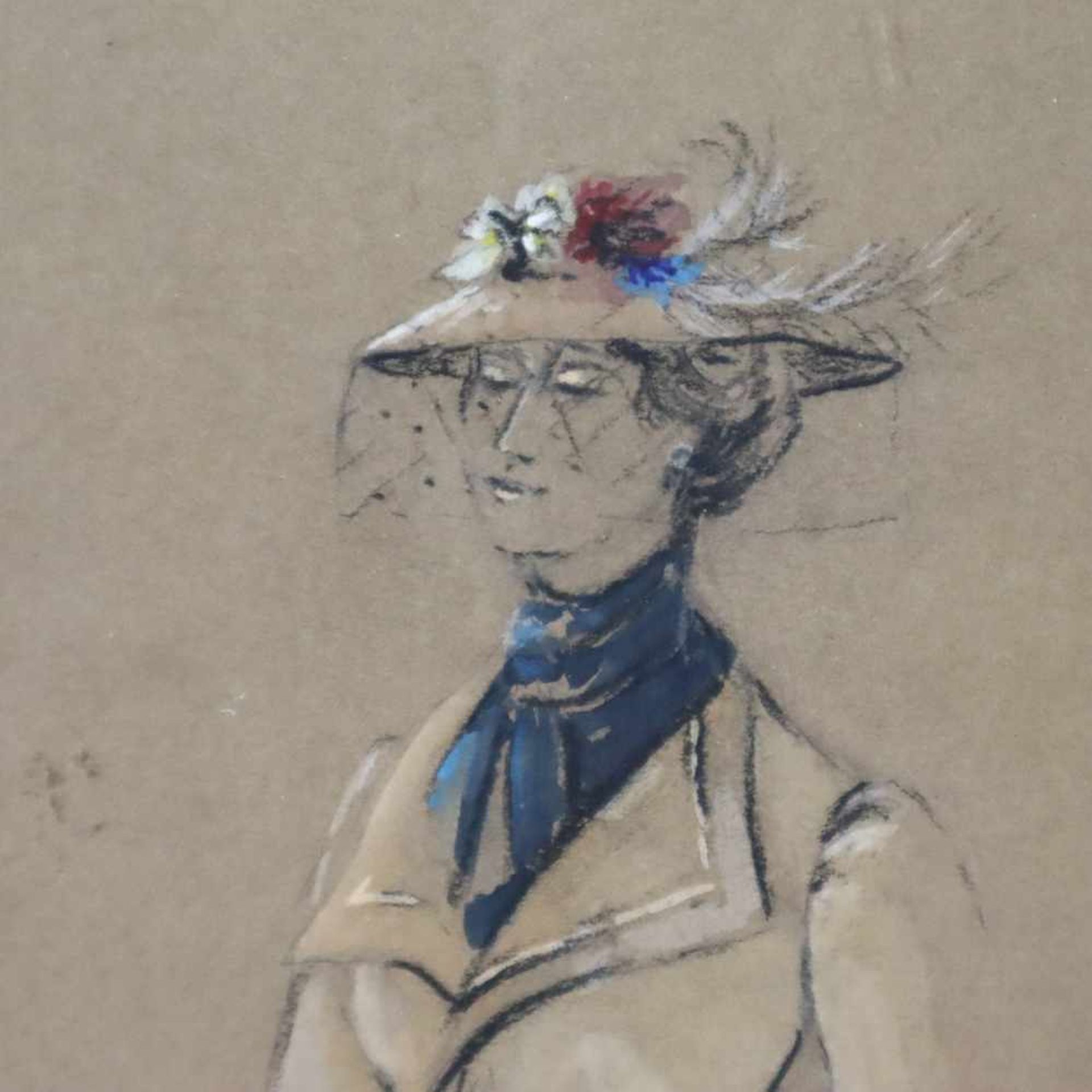 Barbarini E. - Galante Dame mit Hut, Bleistift und Aquarell auf Papier, u. mittig sign., ca. 30,5 - Bild 2 aus 4