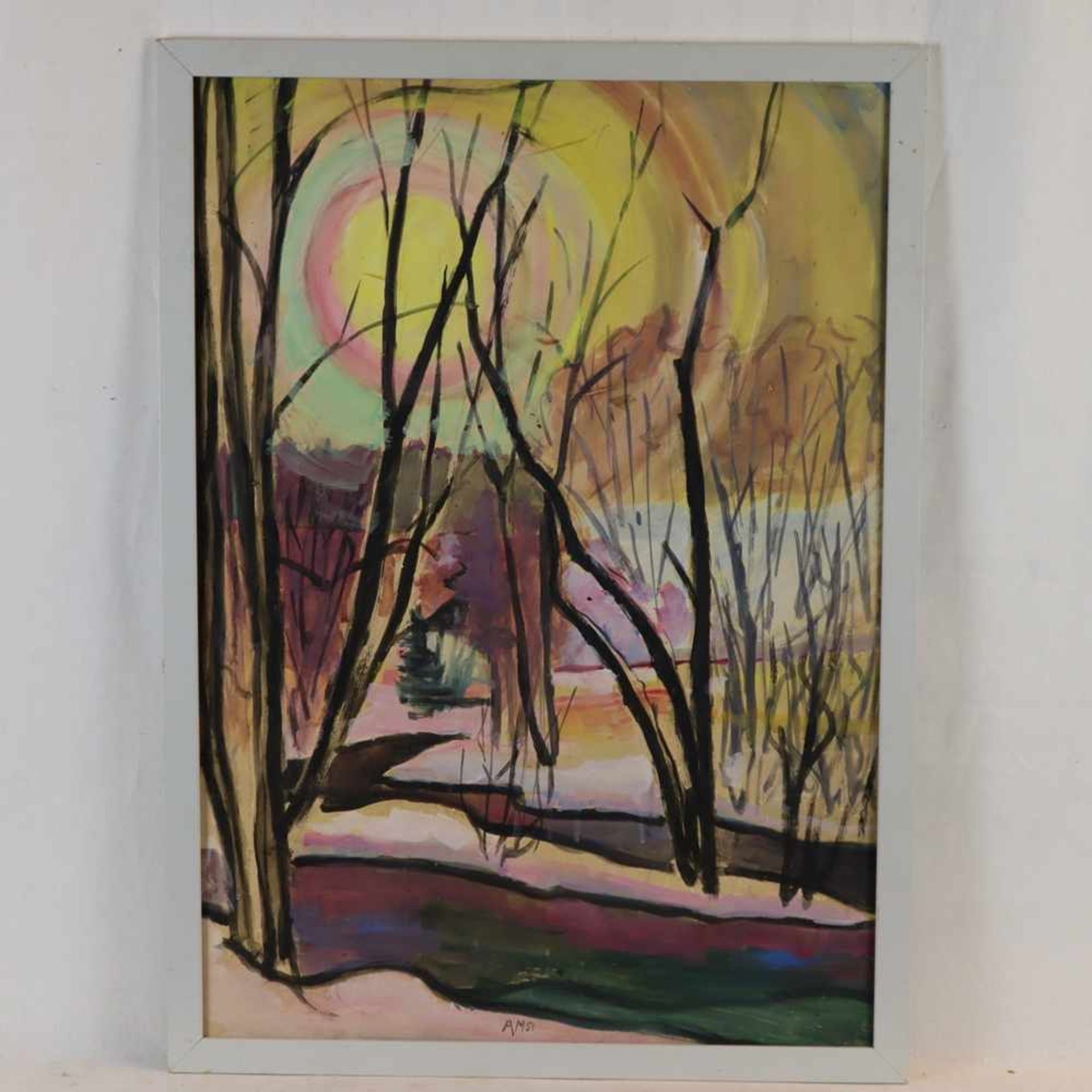 Monogrammist AM (20.JH.) - Beschneite Flusslandschaft bei Sonnenuntergang, 1951, Aquarell auf