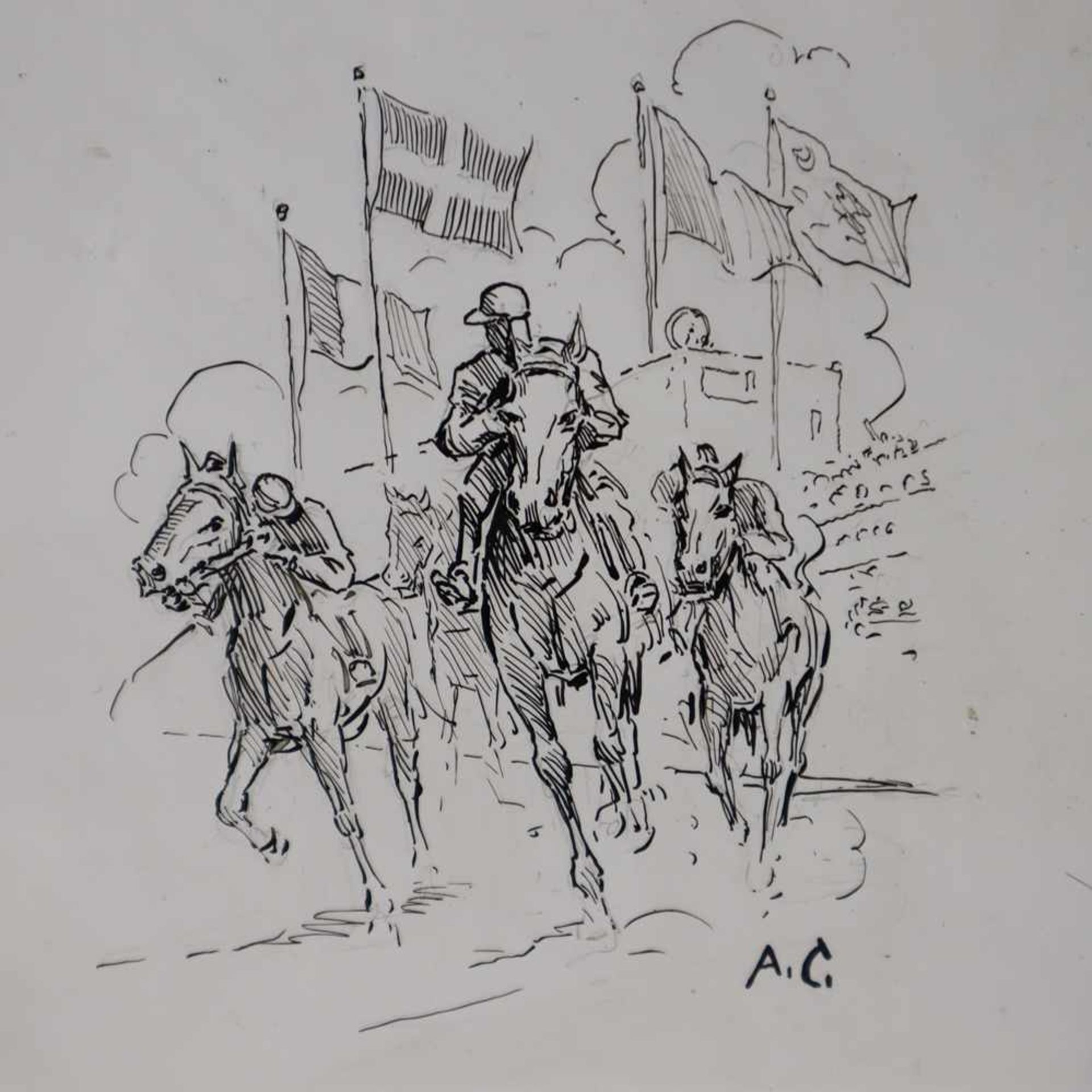 Monogrammist "AC" - Pferderennen, Tusche auf Papier, u. re. monogr. „AC“, ca. 19,5 x 15 cm, unter - Bild 2 aus 3