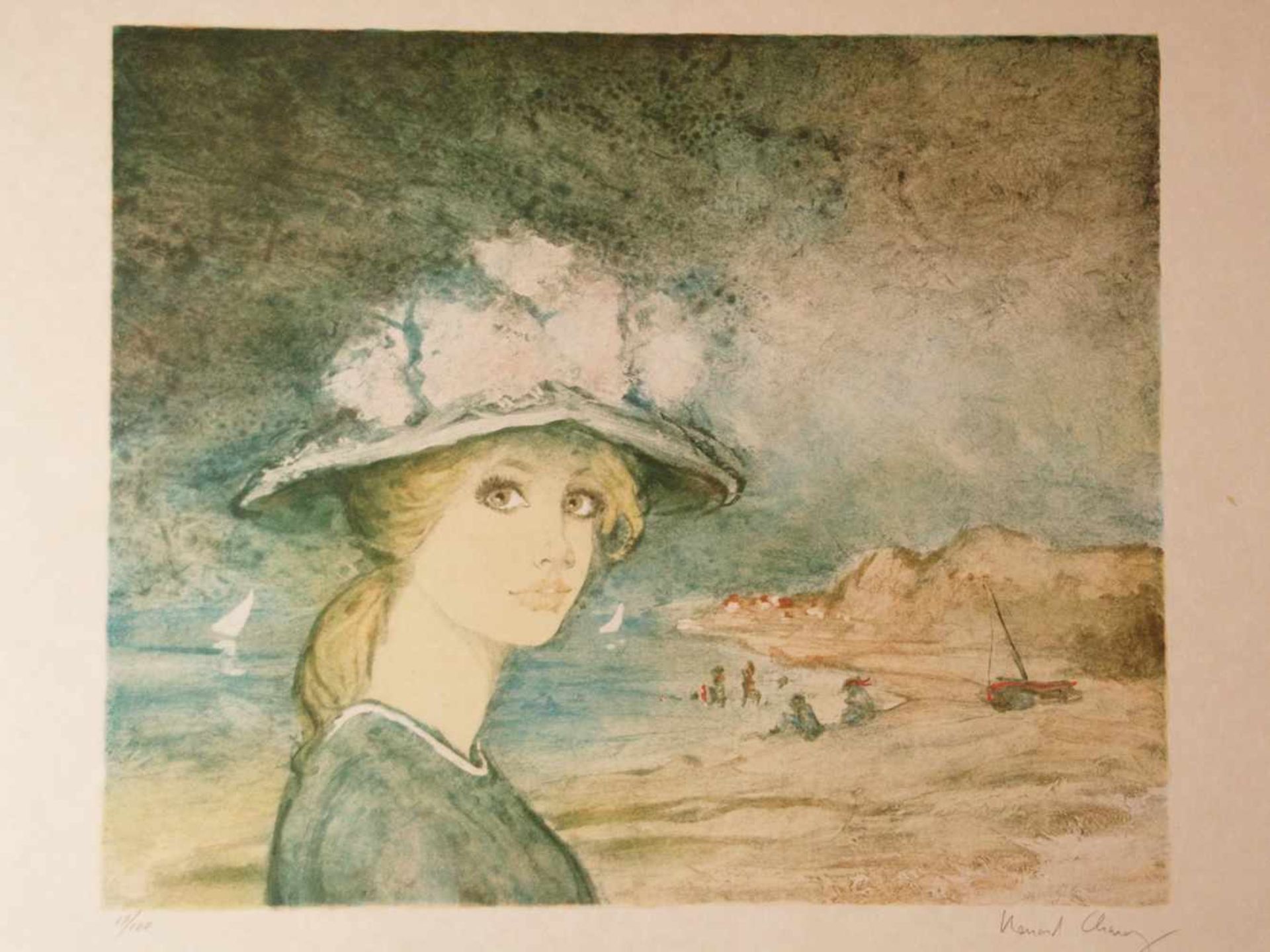 Charoy,Bernard (geb.1931 Nant-Le-Grand) - "Frau am Strand", Farblithographie auf schimmerndem