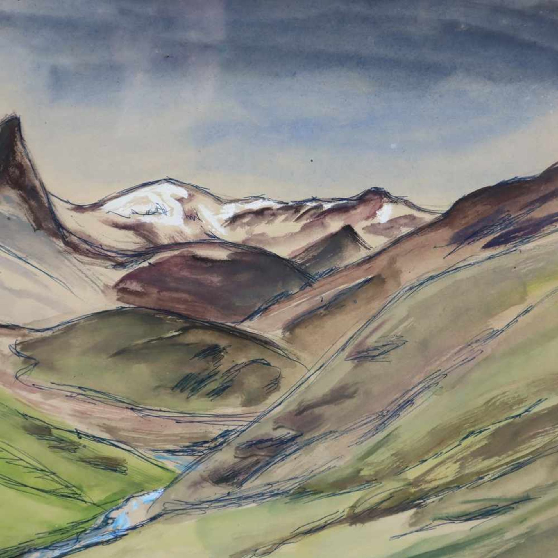 Aufdenblatten, Emil (1910 Zermatt - 1959 Freienbach) - Berglandschaft mit kleinem Flußlauf, Aquarell - Bild 3 aus 5