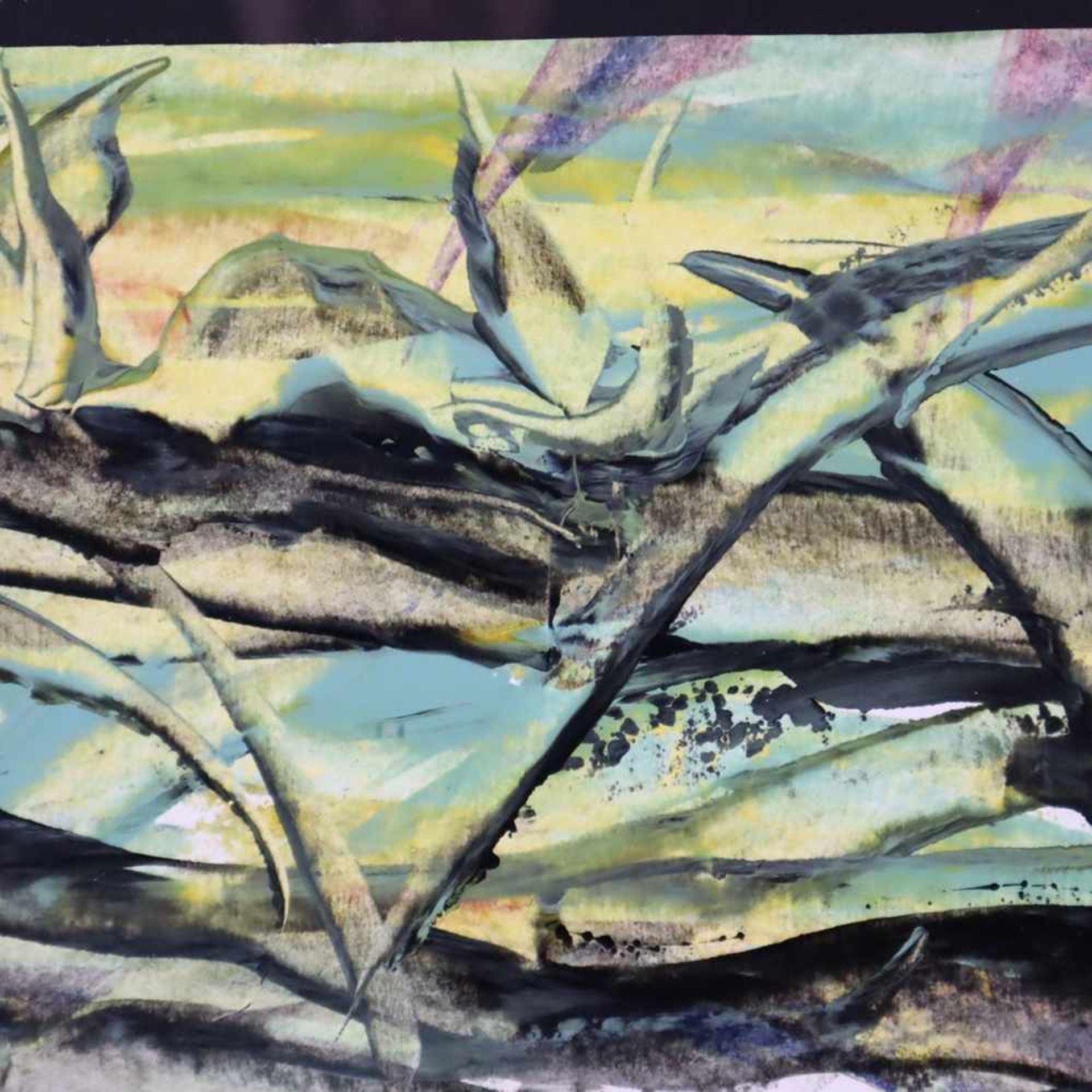 Unbekannter Künstler - Abstrakte Landschaft mit Baumstamm, Öl auf Papier, ca.16x20cm, unter Glas - Bild 2 aus 2