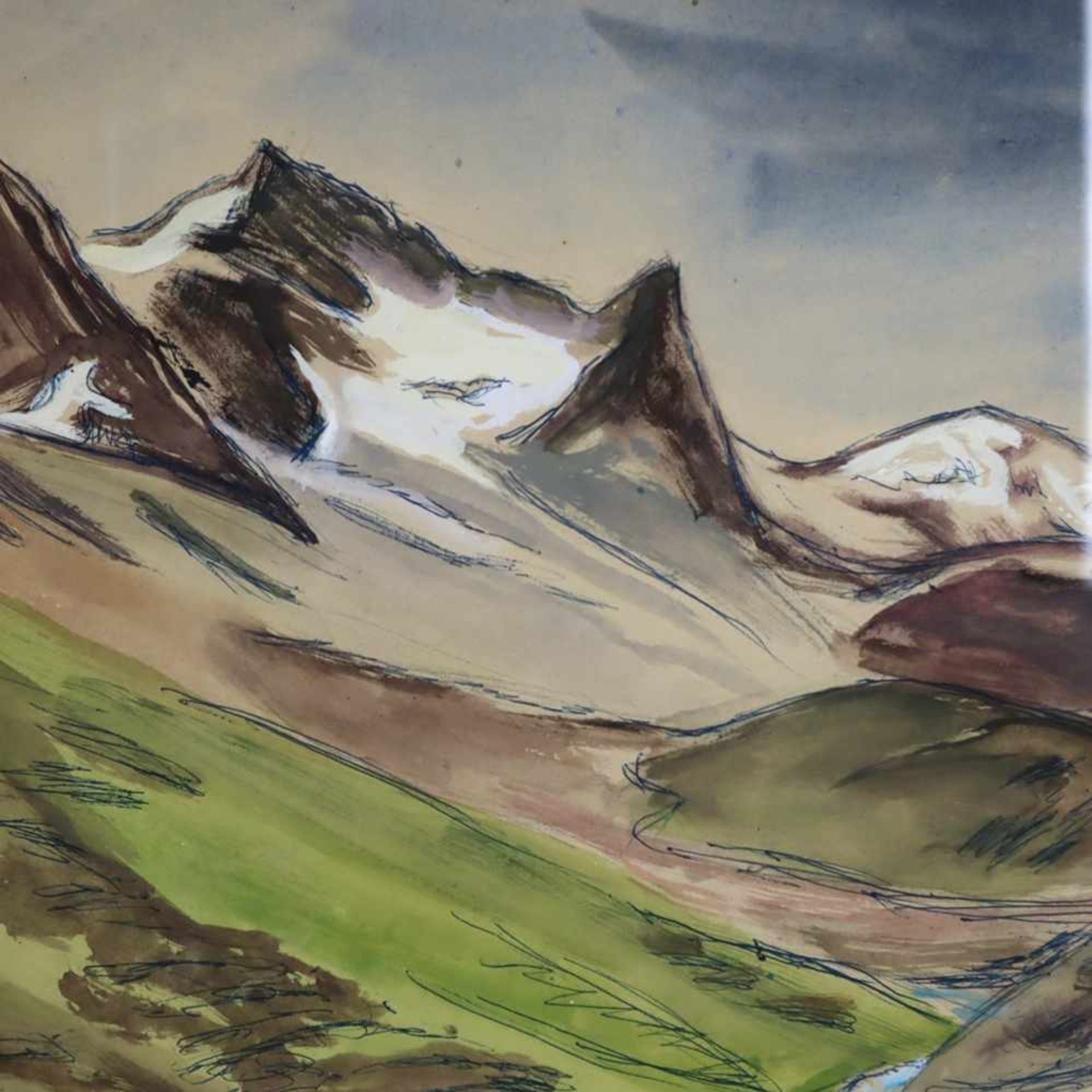 Aufdenblatten, Emil (1910 Zermatt - 1959 Freienbach) - Berglandschaft mit kleinem Flußlauf, Aquarell - Bild 2 aus 5