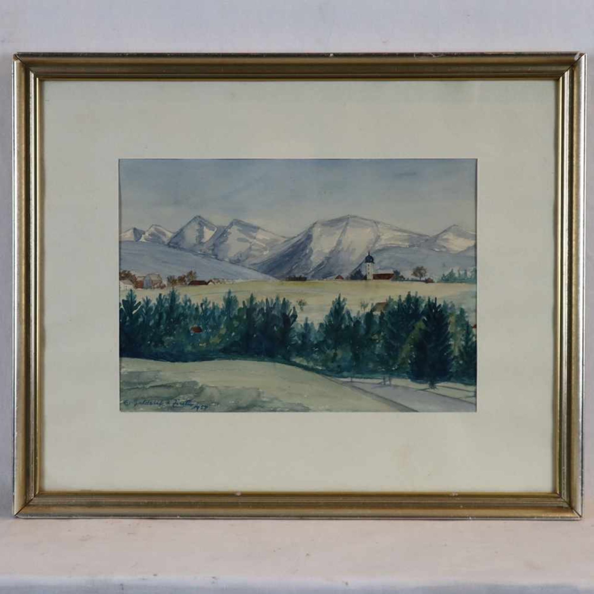 Baldauf, E. - Bergpanorama, u. li. sign. u. dat „1958“, ca. 22,5 x 31,5cm, mit PP unter Glas gerahmt