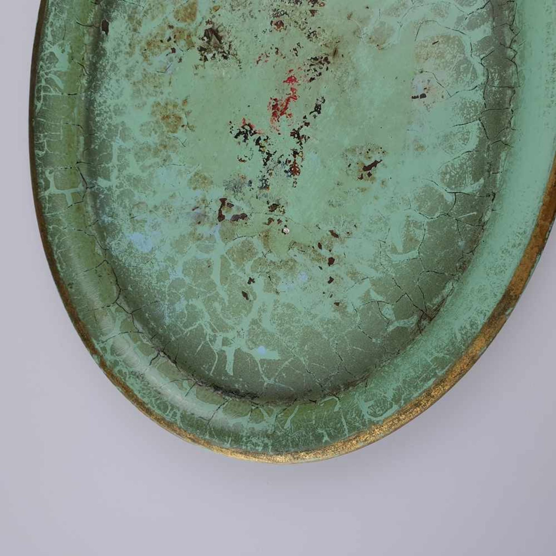 Ovales Tablett - Ruppelwerke Gotha, Entwurf wohl von Marianne Brandt, Metall, grün gefasst, - Bild 3 aus 5