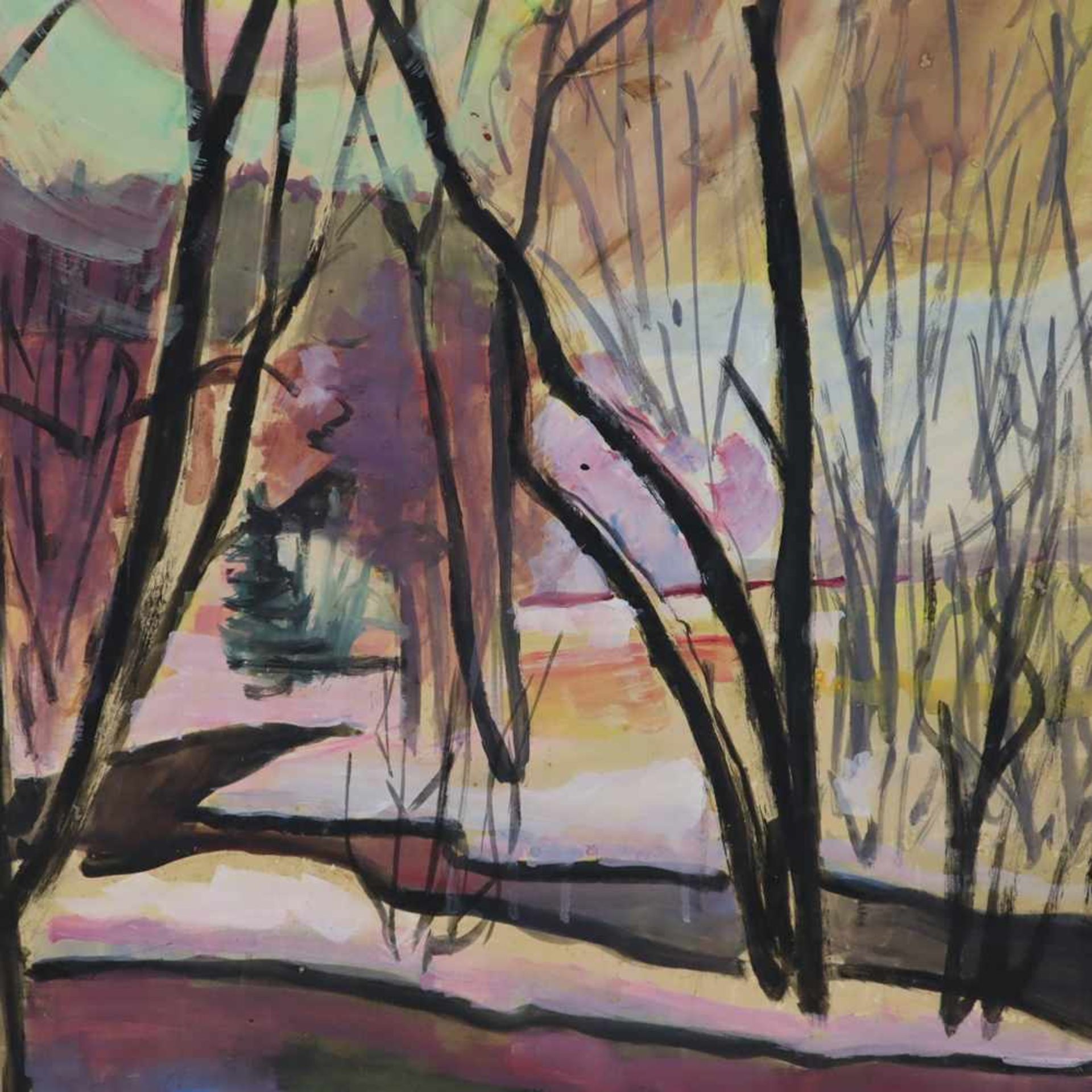 Monogrammist AM (20.JH.) - Beschneite Flusslandschaft bei Sonnenuntergang, 1951, Aquarell auf - Bild 3 aus 4