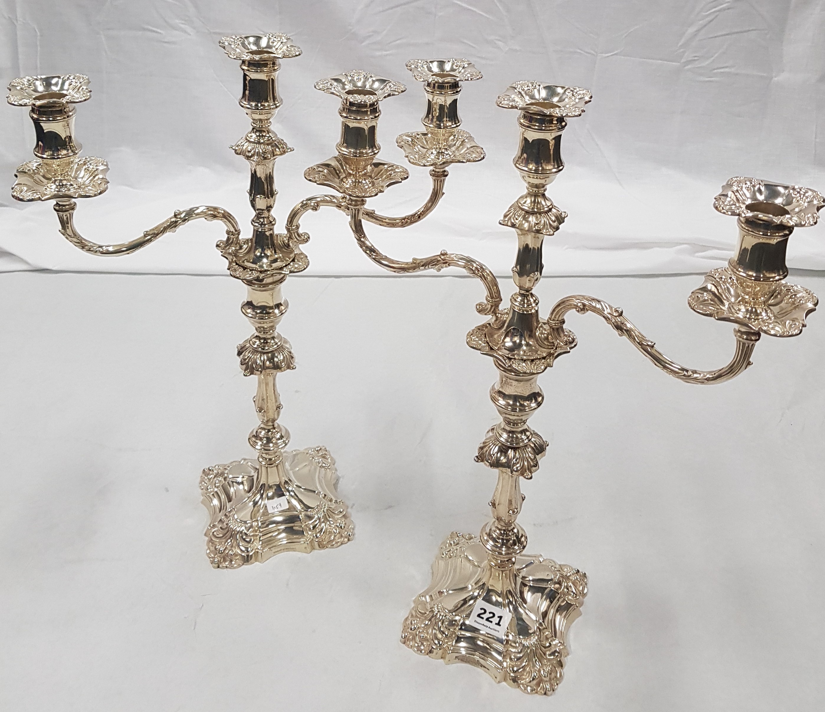 SILVER PAIR OF 3 BRANCH CANDLEABRAS - SHEFFIELD 1900/01