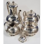 SILVER TIFFANY TEA SERVICE, 5 PIECES TO INCLUDE BELL. HOLLY/IVY SET