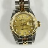 LADIES ROLEX OYSTER PERPETUAL DATEJUST WRIST WATCH GOLD & STAINLEES STEEL & DIAMOND ENCRUSTED FACE