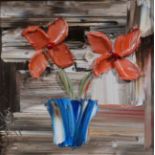 FLOWERS IN A BLUE VASE - COLIN FLACK - OIL - 5.5 X 5.5