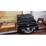 OLD TYPEWRITER, INKWELLS AND DESK CALENDAR