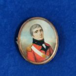 HANDPAINTED MILITARY MINIATURE ON IVORY IN GOLD MOUNT WITH HAIR AND PEARLS TO REAR