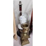 BUST OF BOY UNDER GLASS, BRASS URN & CHURCH CANDLESTICK